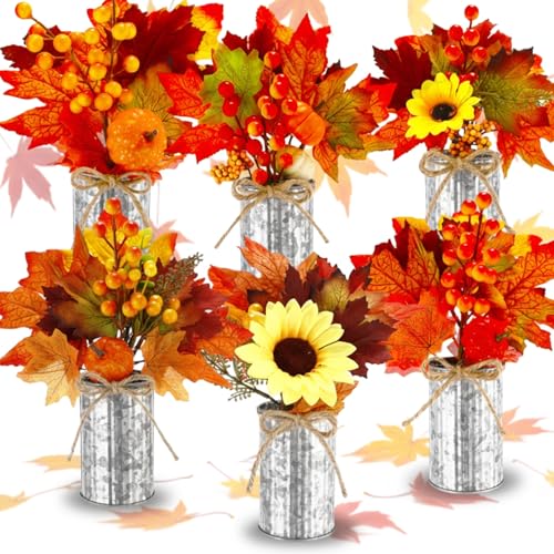 6 Pack Fall Table Centerpieces Fall Faux Potted Plants Thanksgiving Floral Arrangements Artificial Maple Leaf Picks in Metal Pots for Autumn Wedding Farmhouse Home Mantel Decor