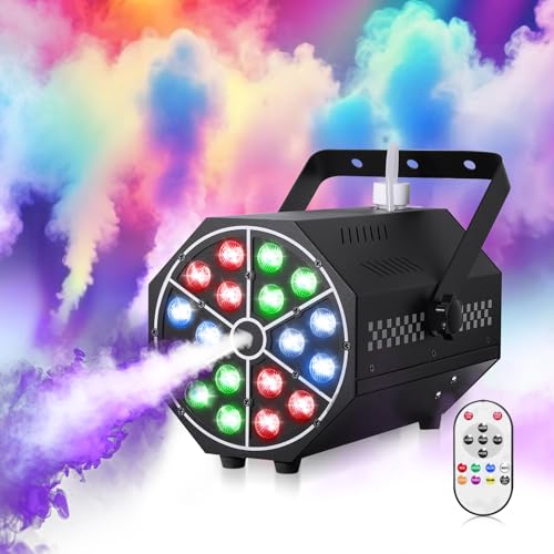 Fog Machine Halloween, 18 RGBW LED Lights and 5 Dynamic Modes, 2-in-1 Wireless Remote, 500W 2000CFM Portable Mini Smoke Machine for Wedding Parties Birthday DJ Stage Indoor/Outdoor Effects