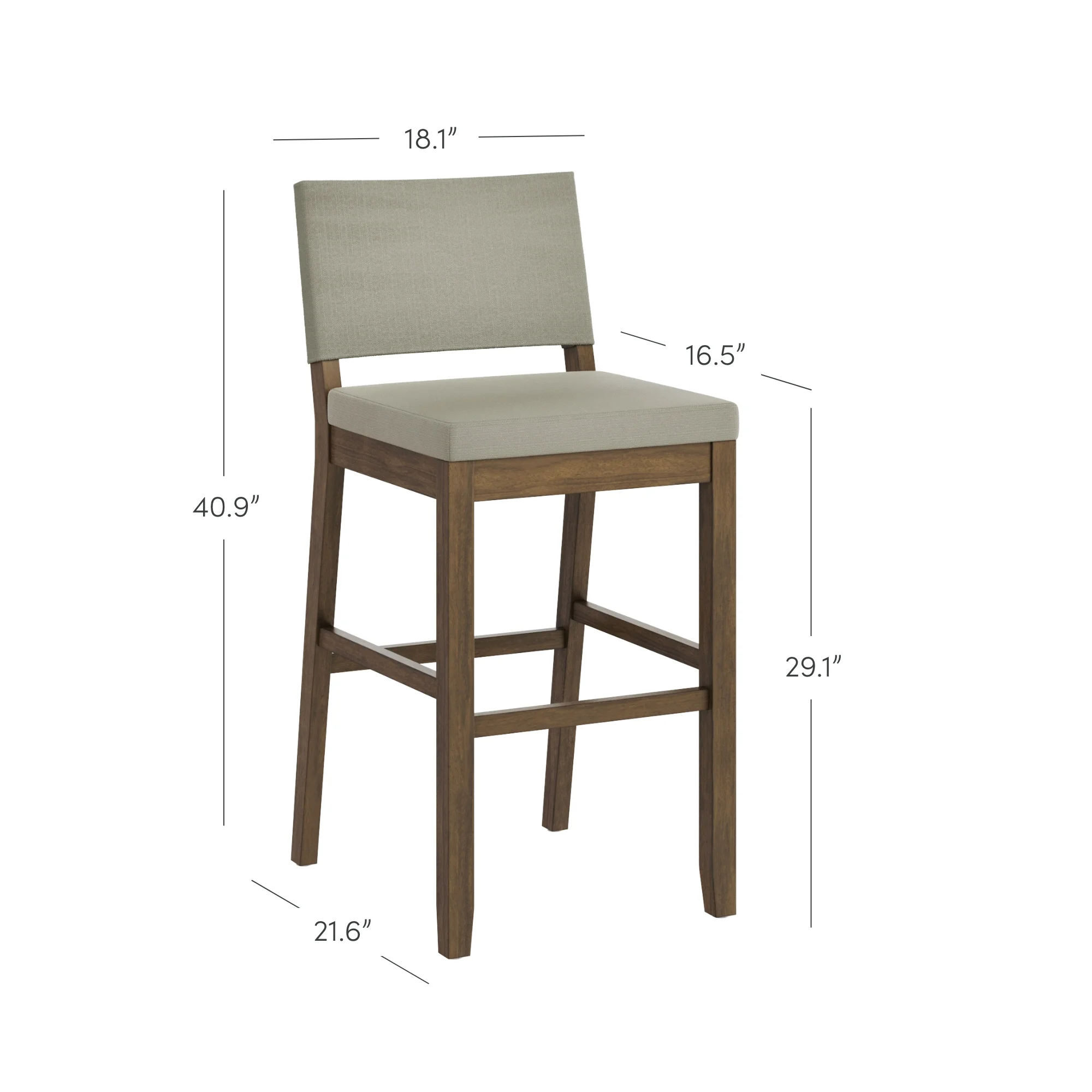 Nathan James Linus Modern Upholstered Bar Stool with Back and Solid Rubberwood Legs in a Wire-Brushed Finish, Light Gray/Dark Brown