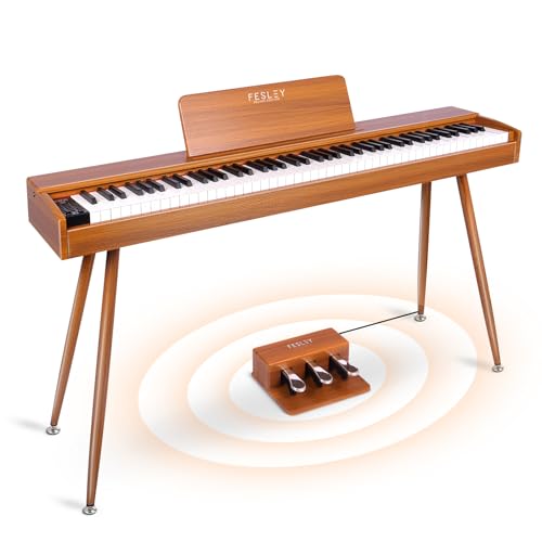 Fesley Digital Piano 88 Key Weighted Keyboard: Full Size Electric Piano with Graded Hammer Action for Professional, Dual Stereo Speakers & 3-Pedal, Support Bluetooth, MIDI USB,Home Friendly Wood Color