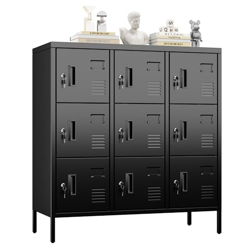 METAN Metal Locker with Padlock and Keys for School Office Gym Bedroom, 9 Doors Black Steel Storage Locker Cabinet for Employees Industrial Storage,Assembly Required