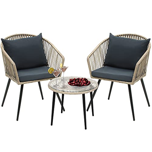 YITAHOME 3-Piece Outdoor Patio Furniture Wicker Bistro Set, All-Weather Rattan Conversation Chairs for Backyard, Balcony and Deck with Soft Cushions, Glass Side Table, Gray Rattan