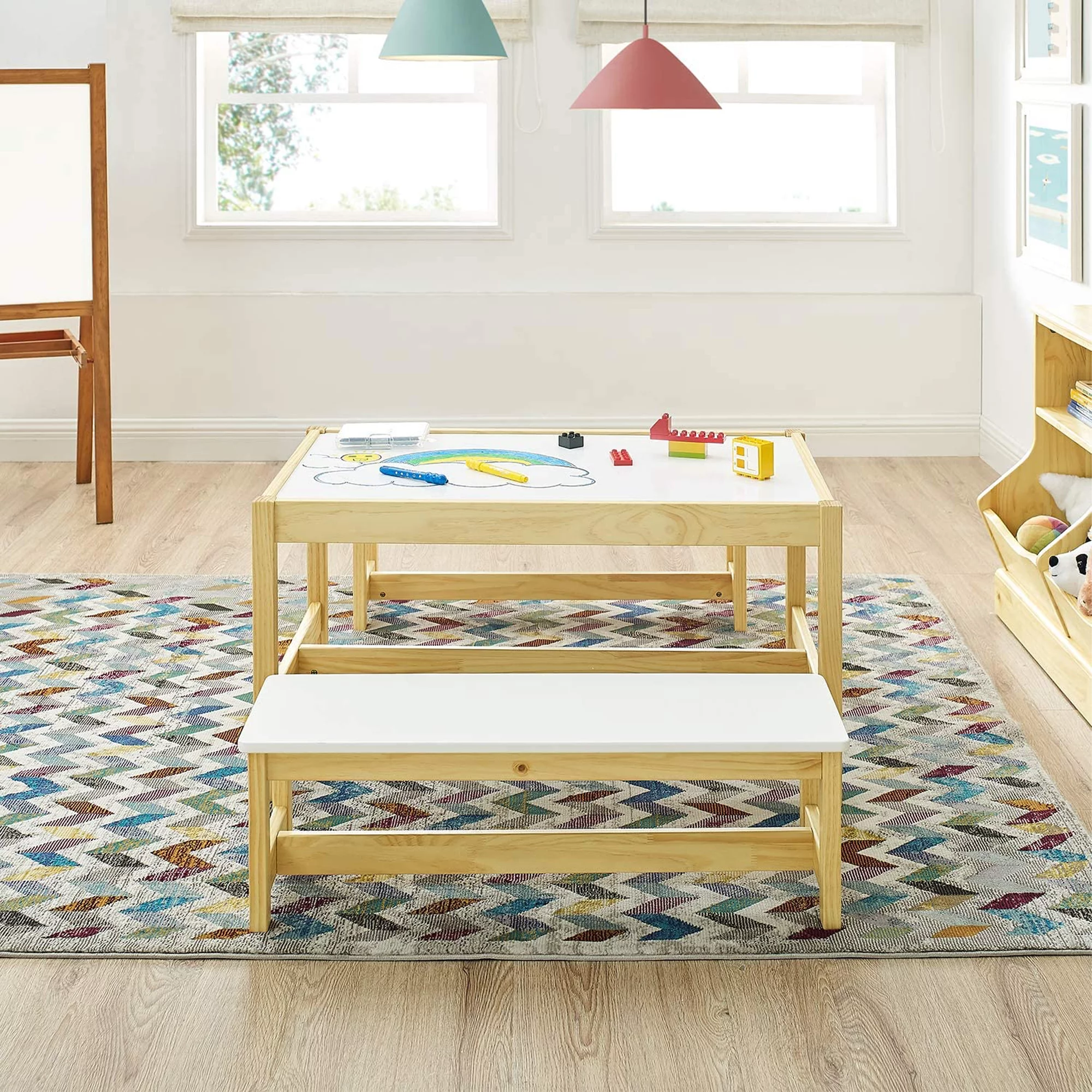 MUSEHOMEINC Wooden 3 In 1 Kids Toddlers Play Table and Bench Chair Set