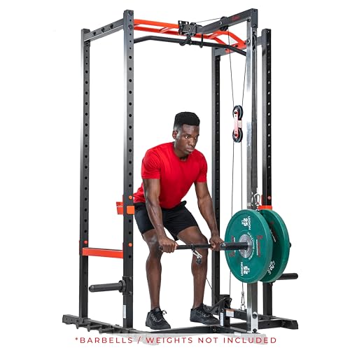 Sunny Health & Fitness Power Zone Strength Rack Power Cage - 1000 LB Weight Capacity, Spotter Bar, Angled Pull-Up Bar, J-Hooks, Resistance Band Pins, Optional LAT Pull Down