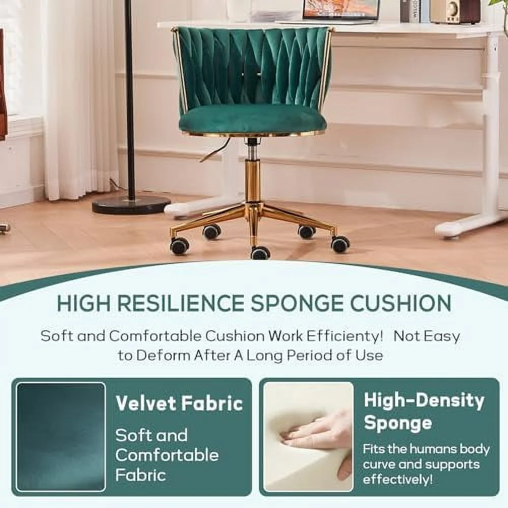 KHBIULIFE Velvet Office Desk Chair with  Woven Backrest  ° Swivel & Height Adjustable Task Chairs  Makeup Chair  Computer Chair with Stainless Base and 5 Wheels (Rose Red)