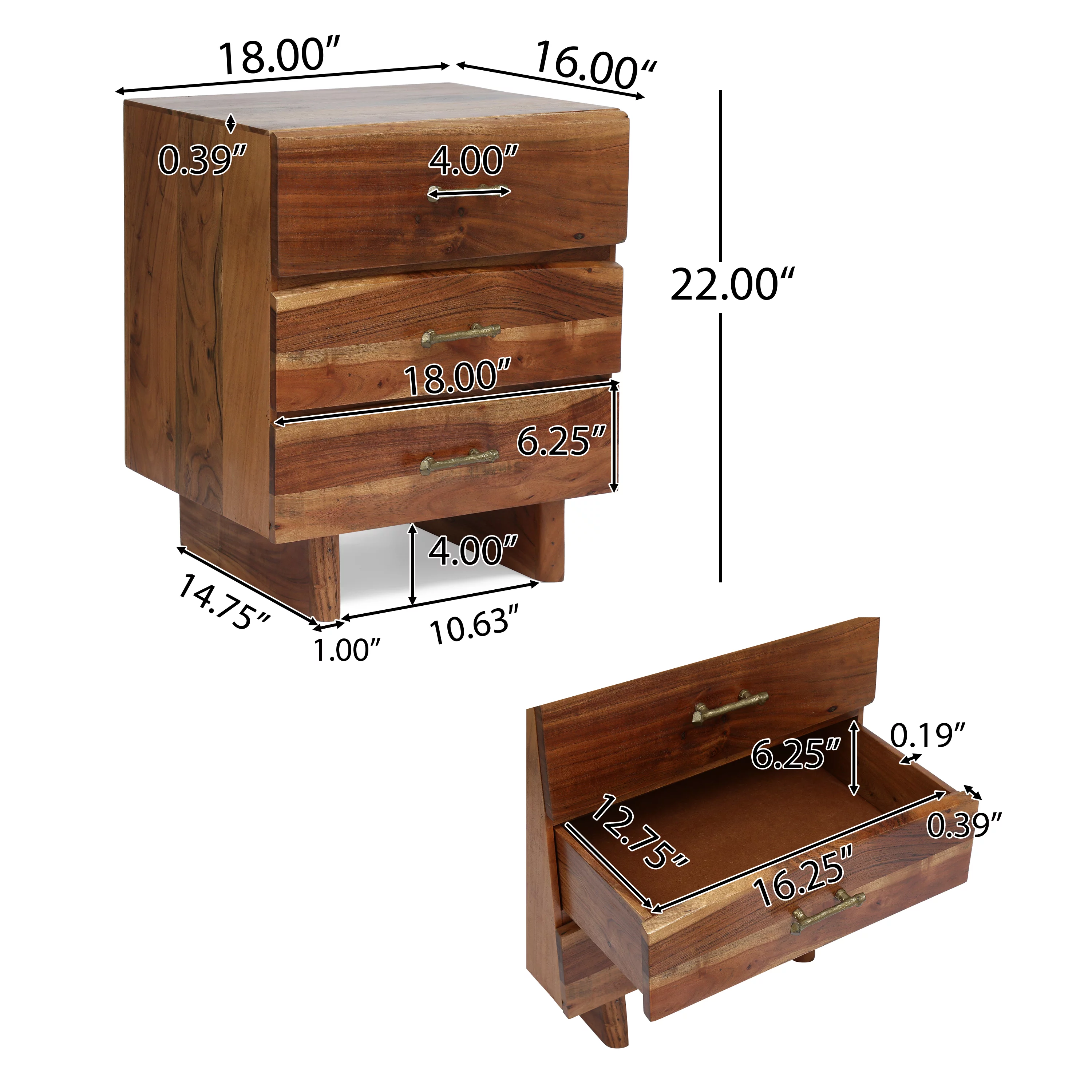 Tift Terrell Handcrafted Boho Acacia Wood 3 Drawer Nightstand, Dark Natural