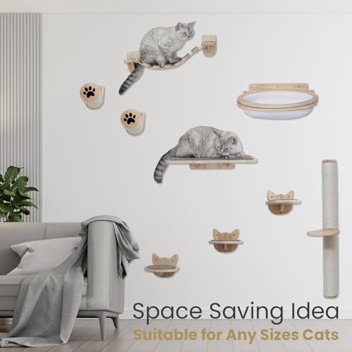 Cat Wall Shelves & Furniture Set (9 Pieces)-Durable Rubber Wood & Non-Slip Carpet, Includes Washable Hammock, Shelf, Climbing Scratcher, Ladder, Wall Steps, and Sisal Steps for Large Cats