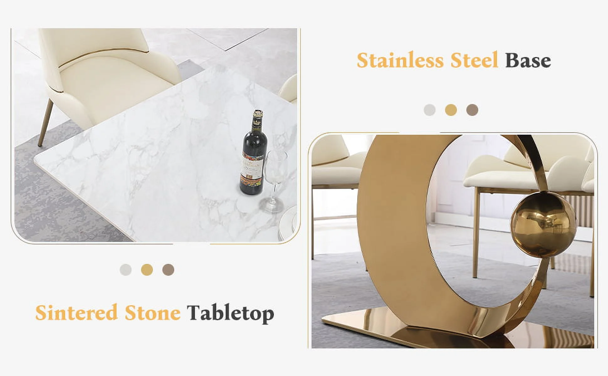 Montary Brand Modern 71-Inch Stone Dining Rectangle Table with Carrara White color and Round  Moon Shape Carbon Steel Pedestal Base