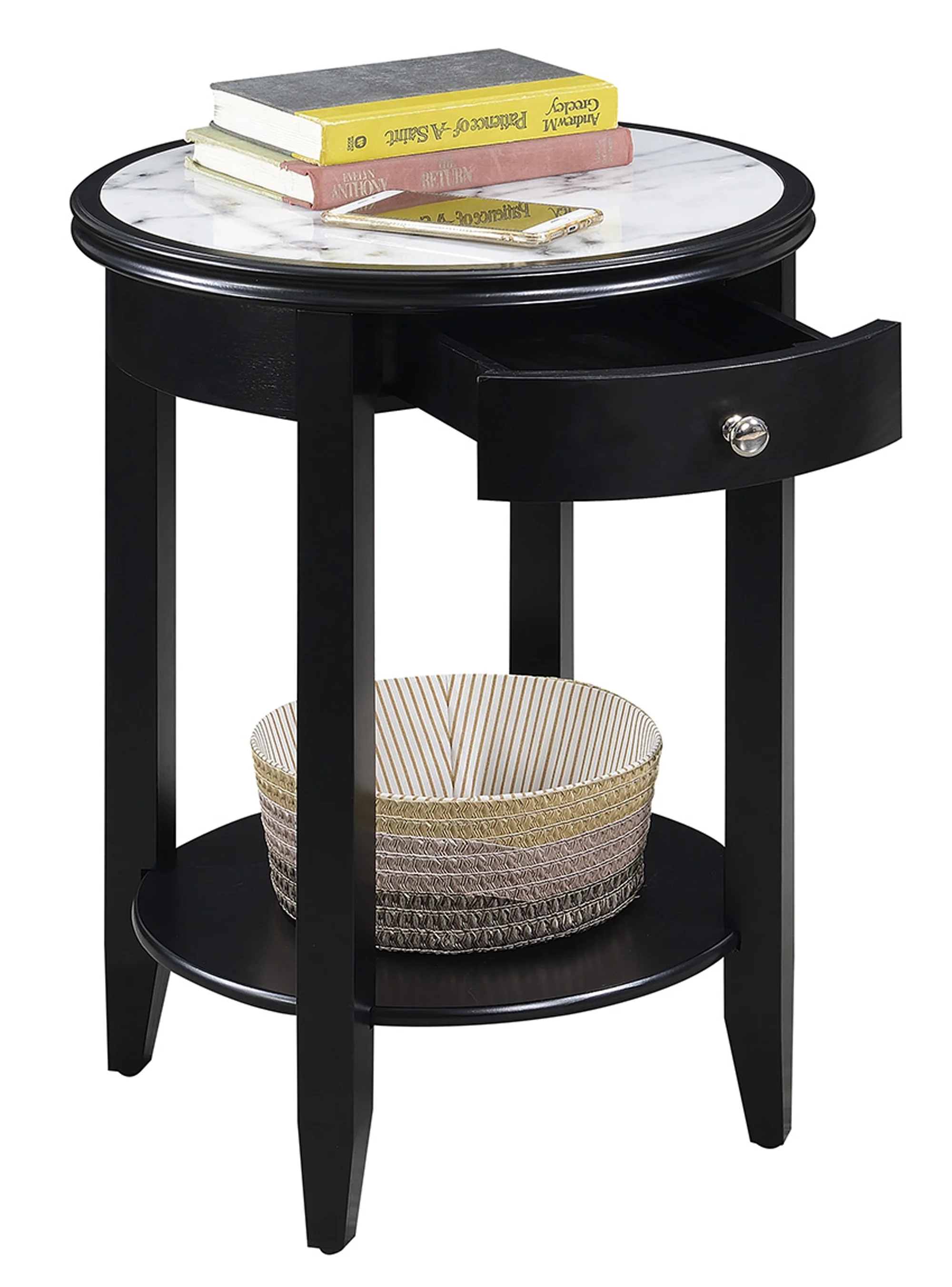 Convenience Concepts American Heritage Baldwin 1 Drawer End Table with Shelf , White Faux Marble Top & Black Frame