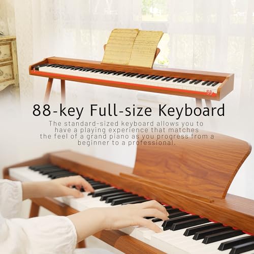 Digital Piano 88 Key Weighted Keyboard, Full-size Electric Piano for Beginners, with Triple Pedal, Sheet Music Stand,Supports USB-MIDI&BLUETOOTH Connecting, Retro Wood Color
