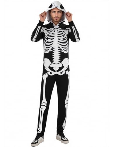 Adults Unisex Costume Onesie Skeleton Pumpkin Hooded Jumpsuit for Halloween Cosplay