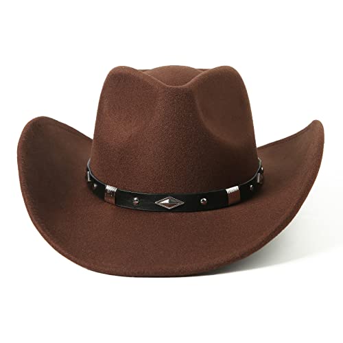 Lanzom Women Men Classic Felt Wide Brim Western Cowboy Cowgirl Hat with Belt Buckle