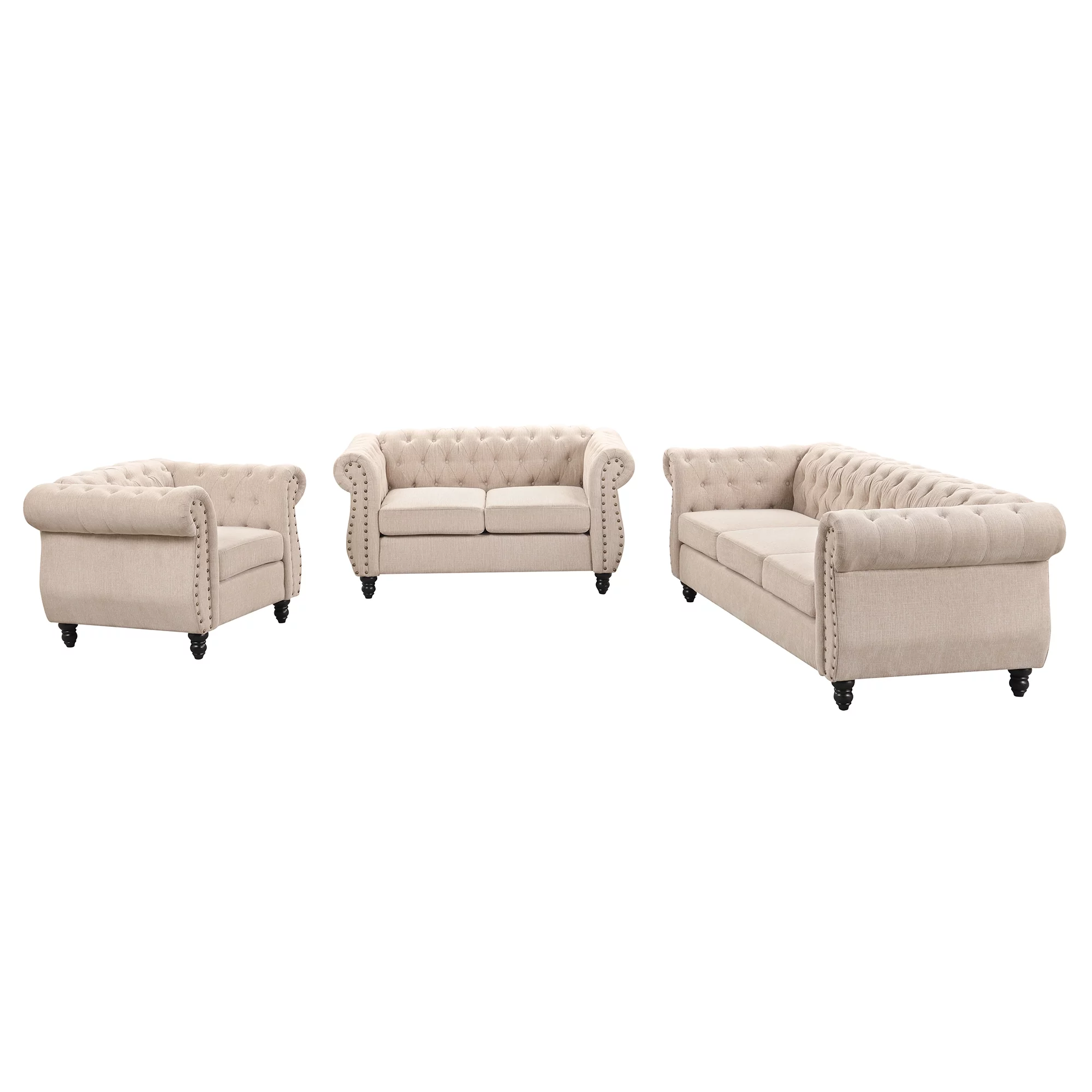 Modern three-piece sofa set with solid wood legs, button-down tufted backrest, Dutch velvet upholstered sofa set including three-seater sofa, two-seater and living room furniture set Single chair