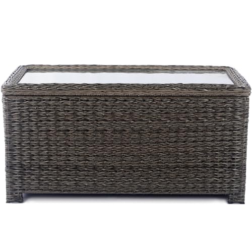 Classic Wicker Patio Coffee Table with Storage, All-Weather Hand-Woven HDPE Rattan Outdoor Coffee Tables, Tempered Glass Flip-Top, Waterproof for Porch Backyard – 40''Wx19''Dx22''H, Brown