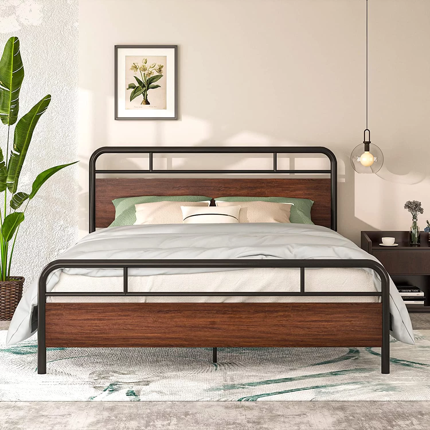 Allewie Walnut Queen Size Metal Platform Bed Frame with Wooden Headboard, Noise free