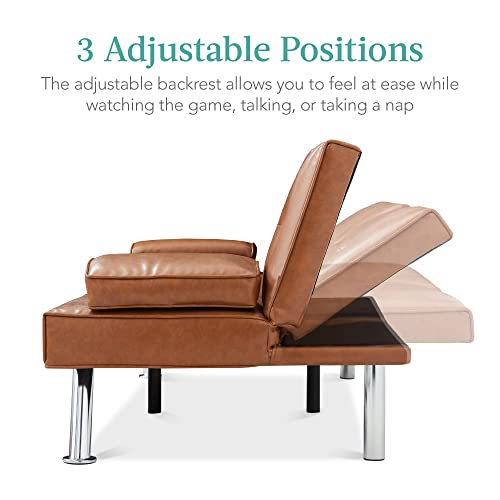 Best Choice Products Faux Leather Upholstered Modern Convertible Futon, Adjustable Folding Sofa Bed, Guest Bed w/Removable Armrests - Blue