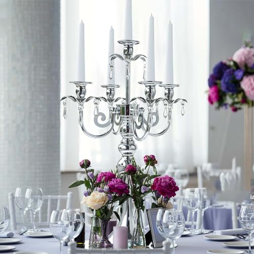 20''Tall Crystal Pendant Taper Candle Holders/Stylish Candle Stands/Candlesticks Holder/Candelabra for Home Decor, Weddings/Parties/Elegant Dining Table Centerpiece (4, Black, 5 Arm)