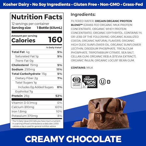 Orgain Organic Protein Shake, Grass Fed Dairy, Creamy Chocolate - 26g High Protein Whey Shake, Ready to Drink, Gluten Free, No Soy Ingredients, No Sugar Added, 14 Fl Oz (Pack of 12)