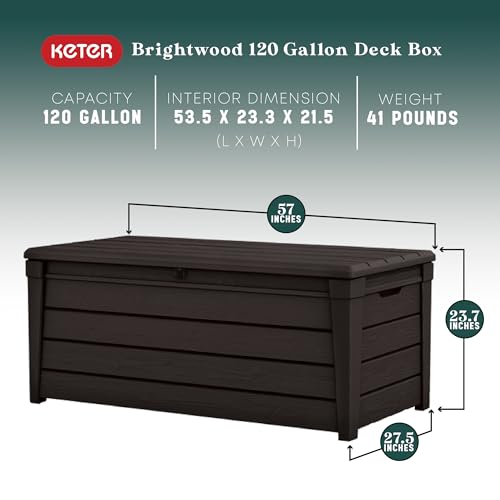 Keter Outdoor Storage Deck Box, for Patio, Backyard & Garden, Brightwood, 120 Gal, Brown - Lockable, Organizing, and Waterproof Plastic Container Bench