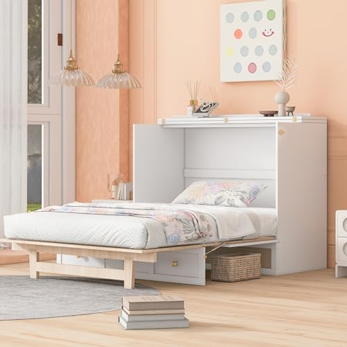 Ball & Cast Queen Size Solid Pine Murphy Bed Chest,Cabinet Hideaway Bed with Charging Station and Large Storage Drawer,Wood Wall Bed can be Folded,for Kids Bedroom,Student Dorms,White+Walnut
