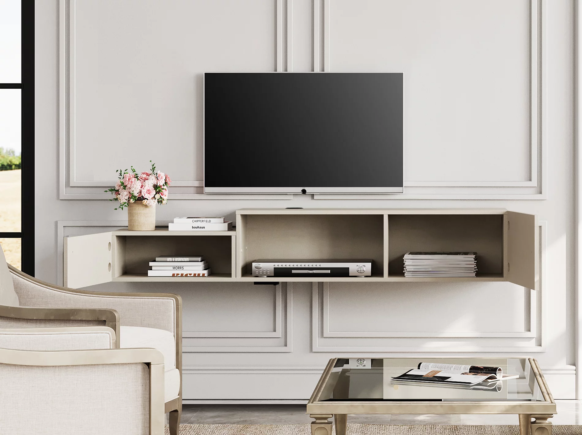 Floating Entertainment Center with Charging Station, Wall Mounted TV Stand with Blue Light, Media Console Center with Storage, Modern Shelf Hanging Hutch Component Under TV,59''