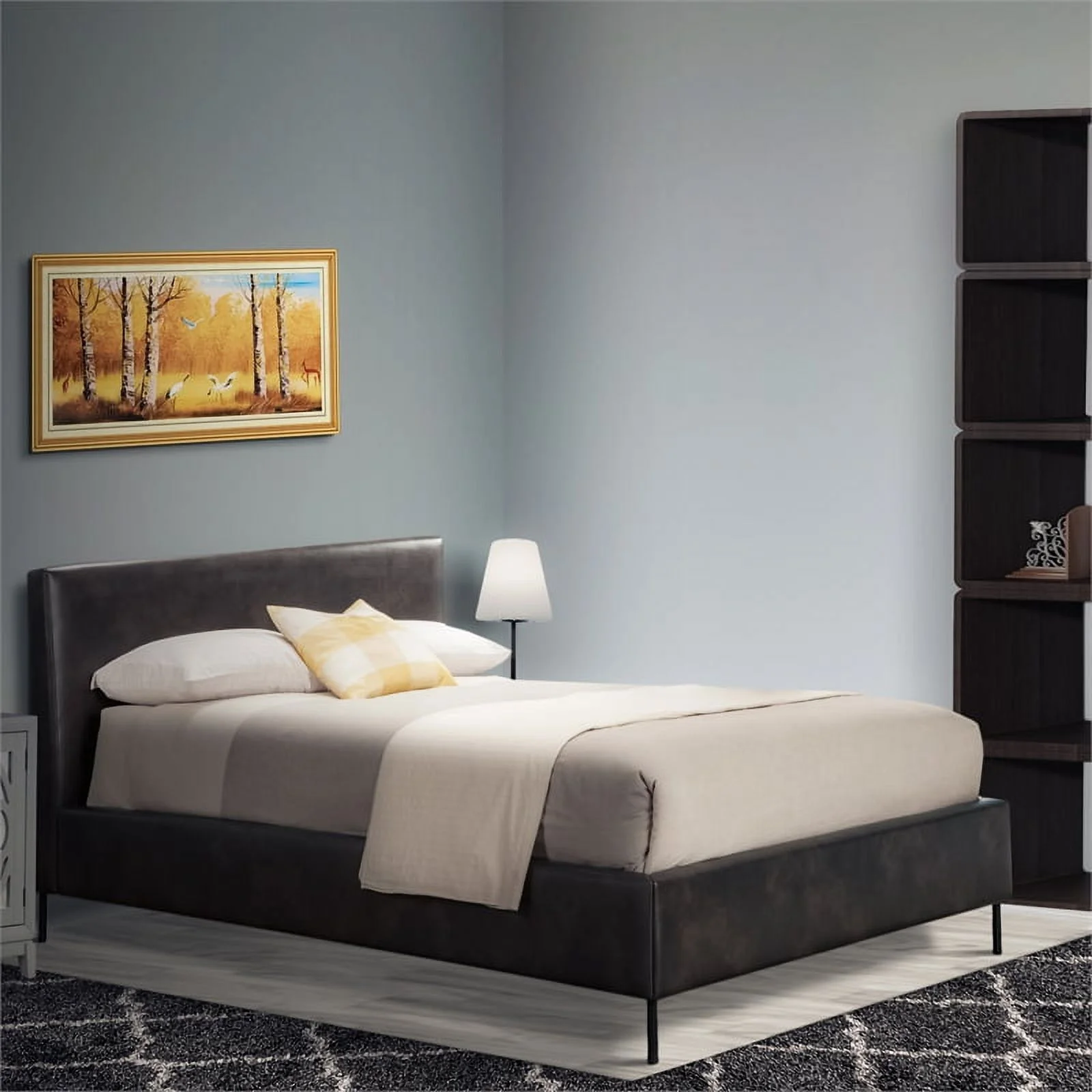 Benzara Upholstered Faux Leather & Solid Wood King Bed with Metal Legs in Gray