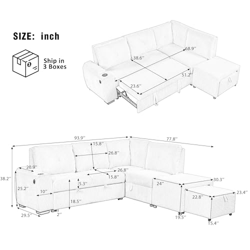 Reversible Sectional Sofa Couch, Sleeper Sofa Bed with Storage Chaise Convertible Pull Out Couch for Living Room Chenille Upholstered L Shaped Sofabed w/ Pillow Armrest for Living Room Apartment