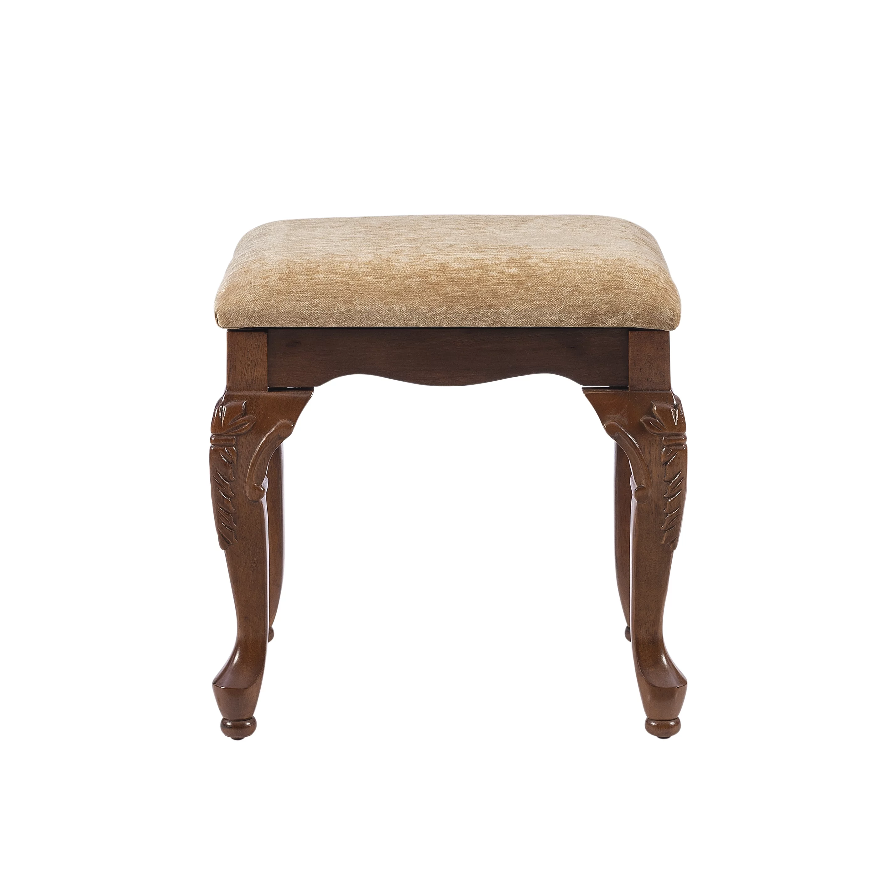 Nelson Upholstered Vanity Bench, Lightly Distressed Deep Cherry Base with Beige Chenille Fabric