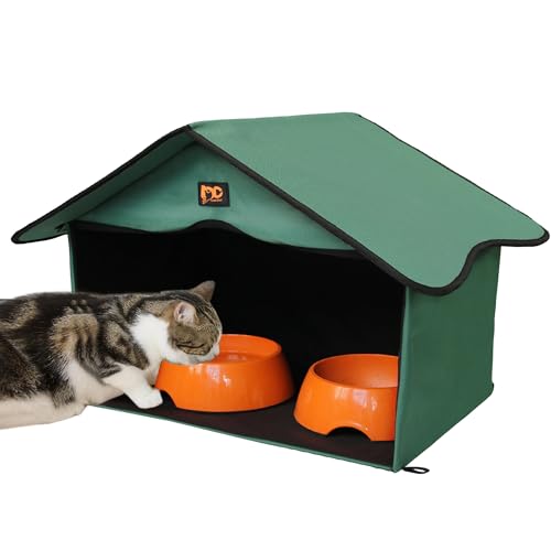 Outdoor Cat House, Waterproof Pet Shelter/Dining Room, for Feral/Community Cats (Green1)