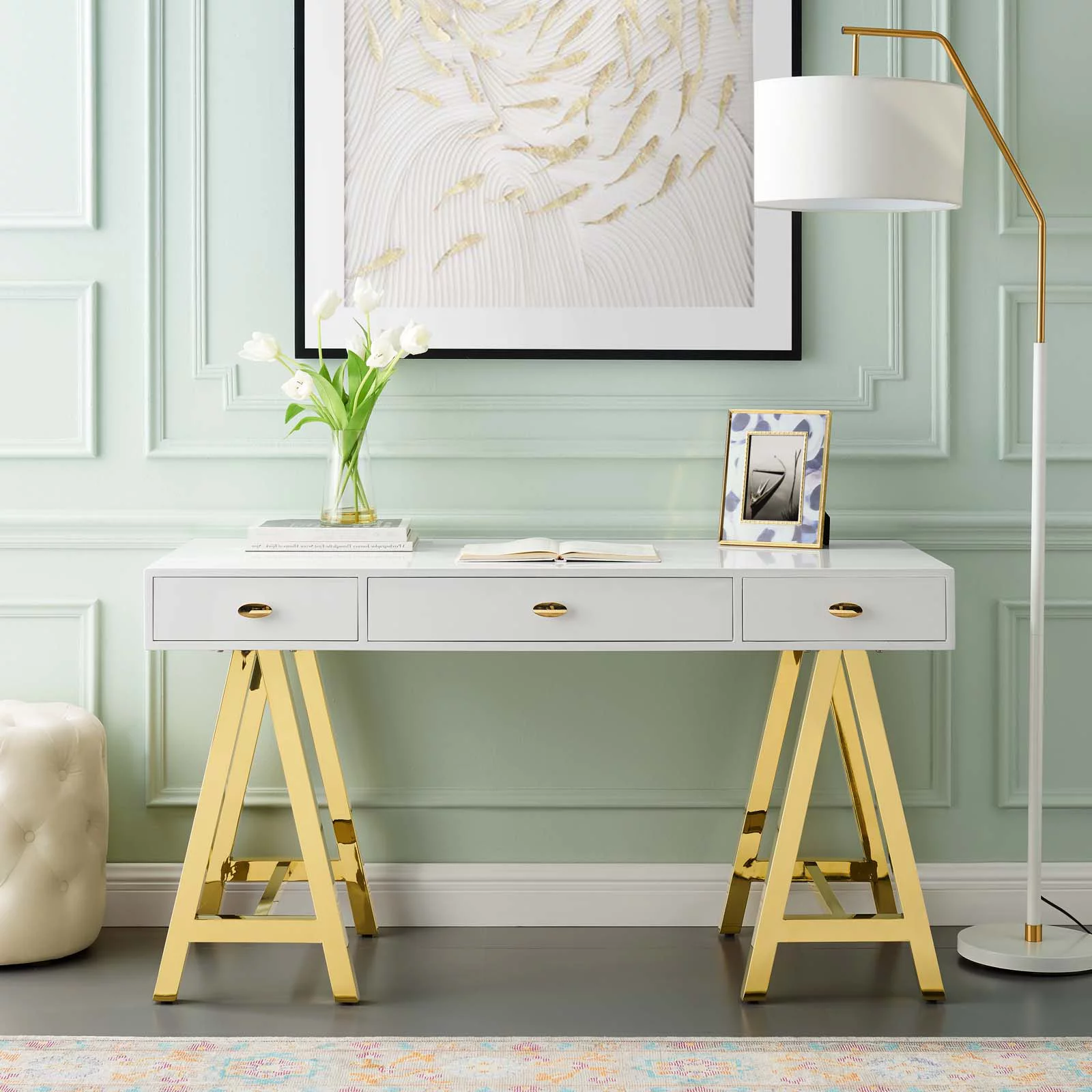 Computer Work Desk Entry Table, Wood, Metal Steel, Gold White, Modern Contemporary Urban Design, Home Business Office Furniture