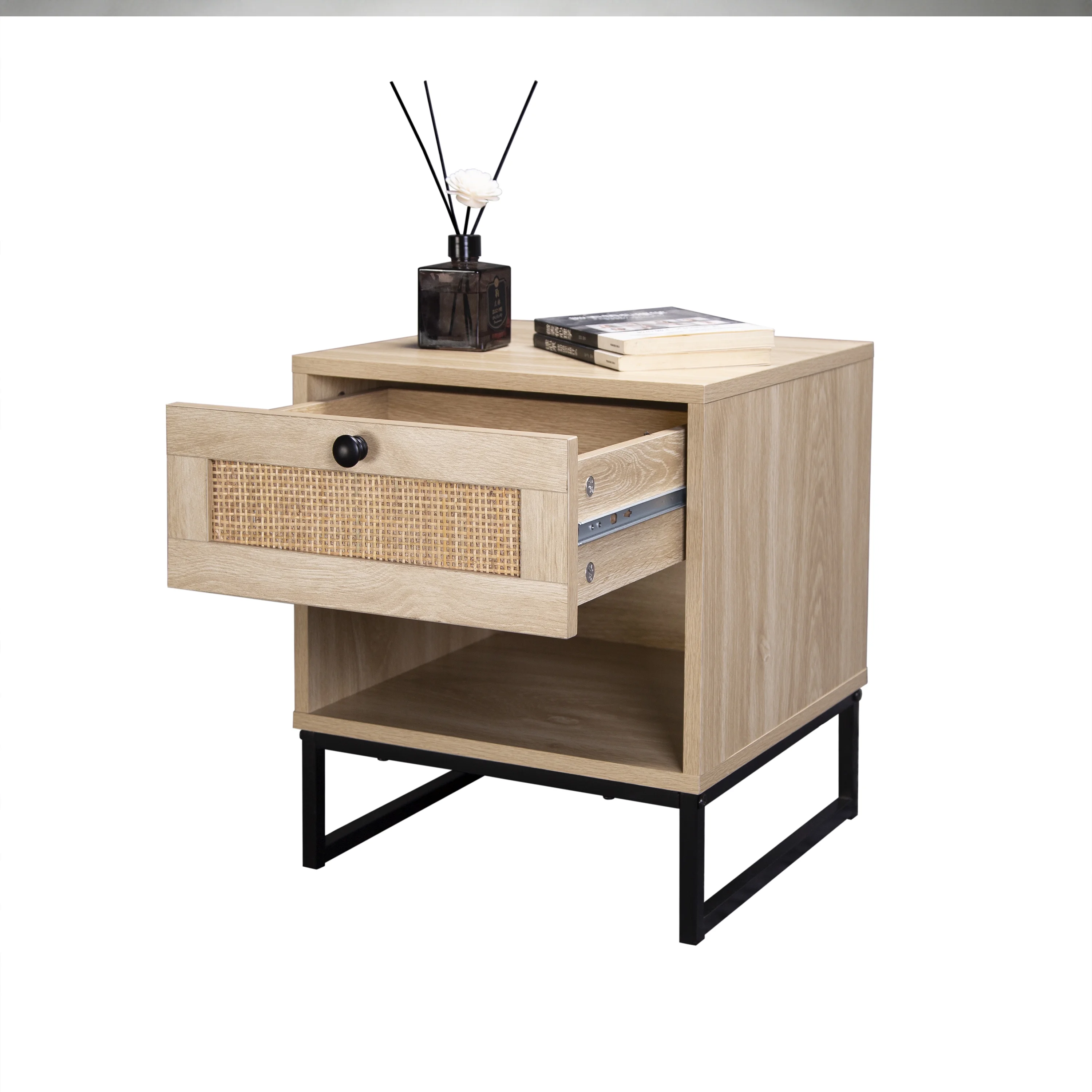 Birch Coastal Modern Side Table with Drawer Natural Wood Top with Black Metal Legs