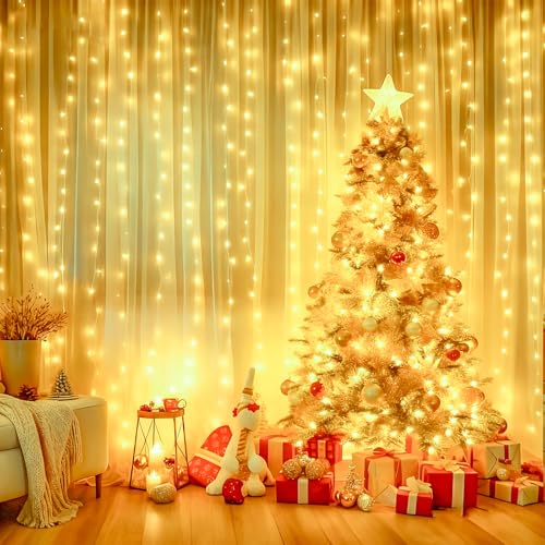 2 Packs LED Curtain String Lights 8FT * 7FT Plug in Waterproof Window Fairy Lights with 210 LEDs, Twinkle Indoor String Light for Bedroom Wedding Party Outdoor Christmas Decor, Warm White