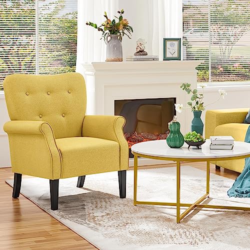 Yaheetech Modern Armchair, Mid Century Accent Chair with Sturdy Wood Legs and High Back for Small Space, Upholstered Fabric Sofa Club Chair for Living Room/Bedroom/Office, Dark Gray