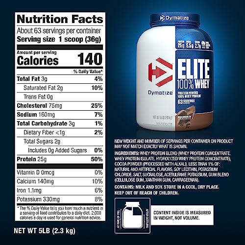 Dymatize Elite 100% Whey Protein Powder, Vanilla, 25g of Protein, 5.5g BCAAs, Less Than 140 Cal., Gluten Free, 2g Carb, 2g Sugar, 3g Fat (67 Servings)