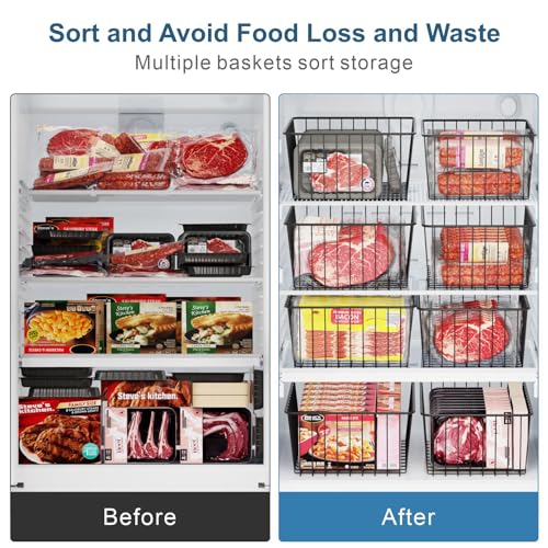 iSPECLE Freezer Organizer Bins - 4 Pack Upright Freezer Baskets for 16/17 / 21 Cu.Ft Stand up Freezer, Easily Get Food, Stop Food Fall out from Freezer Better Ventilation, 2 Large 2 Medium, White