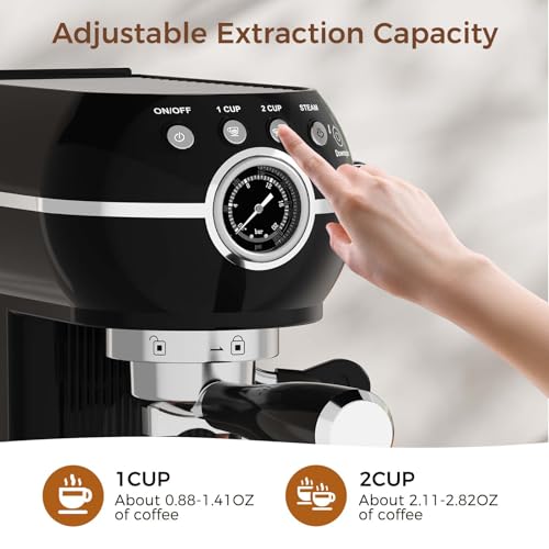Espresso Machine with Milk Frother, 20 Bar Espresso Maker for Latte and Cappuccino, Expressions Coffee Machine with Removable Water Tank (Black)