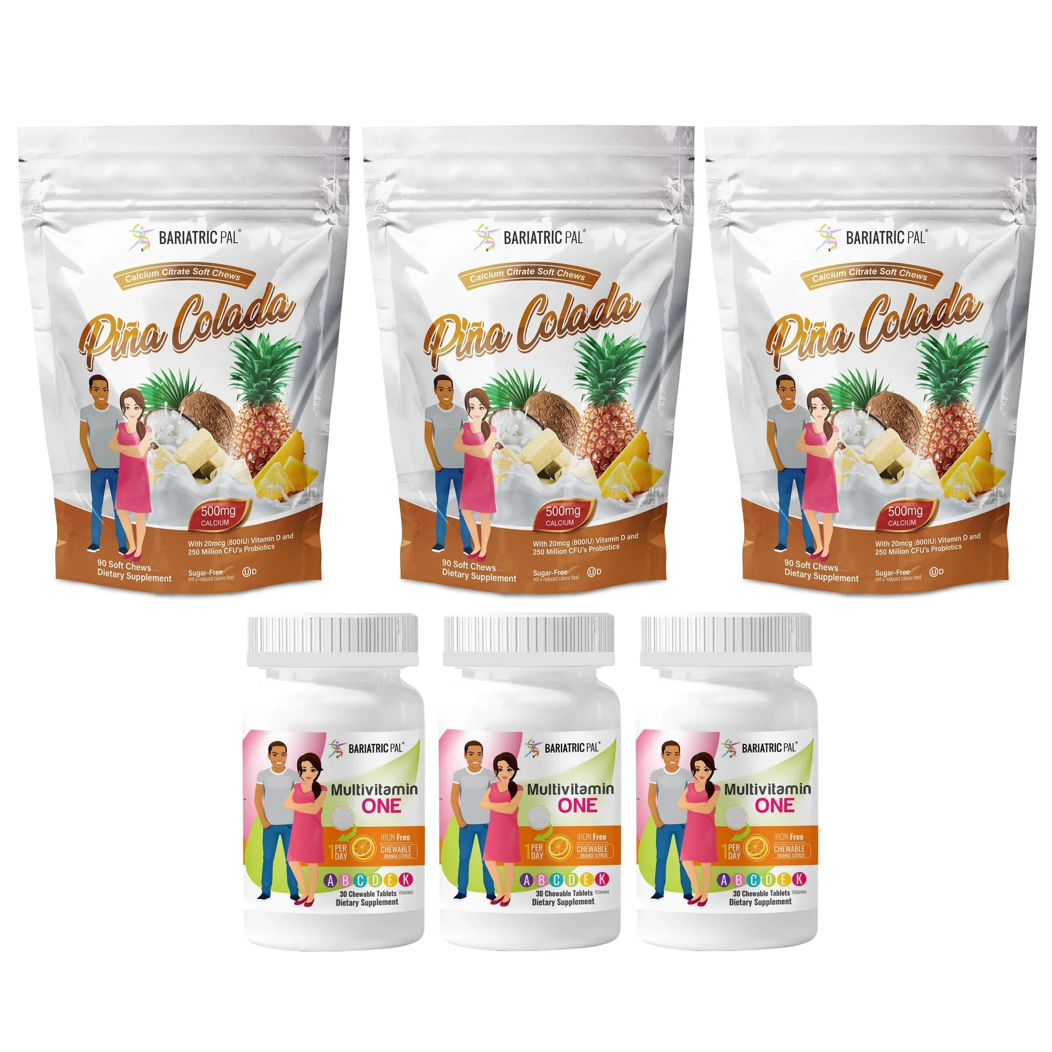 Gastric Band Complete Vitamin Pack - Chewables Size: 3-Month Supply, BariatricPal Multivitamin ONE: Orange Citrus Chewable - Iron Free, BariatricPal Calcium Citrate Soft Chews: Piña Colada