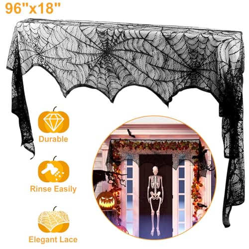 Halloween Spider Web Lace Mantel Scarf, Black, 96x18 Inch, 2 Pack, Durable Anti-Crease Fabric, Haunted House Party Fireplace Decoration