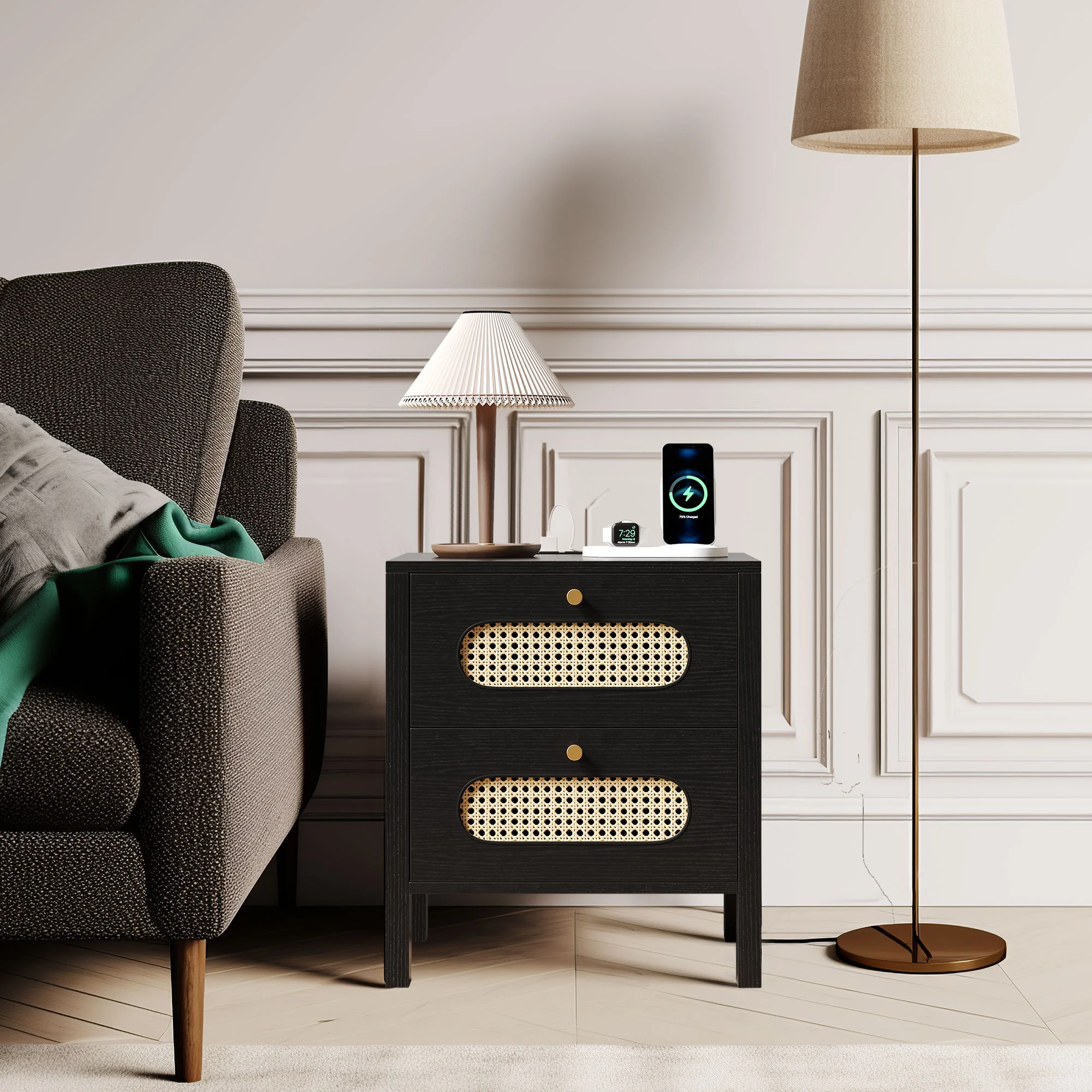 Dextrus Rattan Nightstand with Charging Station, Wood Bedside Table with Drawers, Black