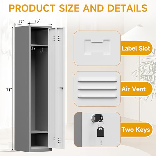 71'' Metal Locker with Keys for School,Gym,3 Tier Steel Office Storage Locker with Hook,Tall Cabinet for Employees(Gray＆White, 1-Door)