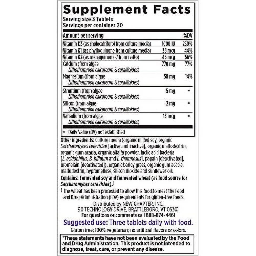 New Chapter Calcium Supplement – Bone Strength Whole Food Calcium with Vitamin K2 + D3 + Magnesium, Vegetarian, Gluten Free 60 count (20 day supply)