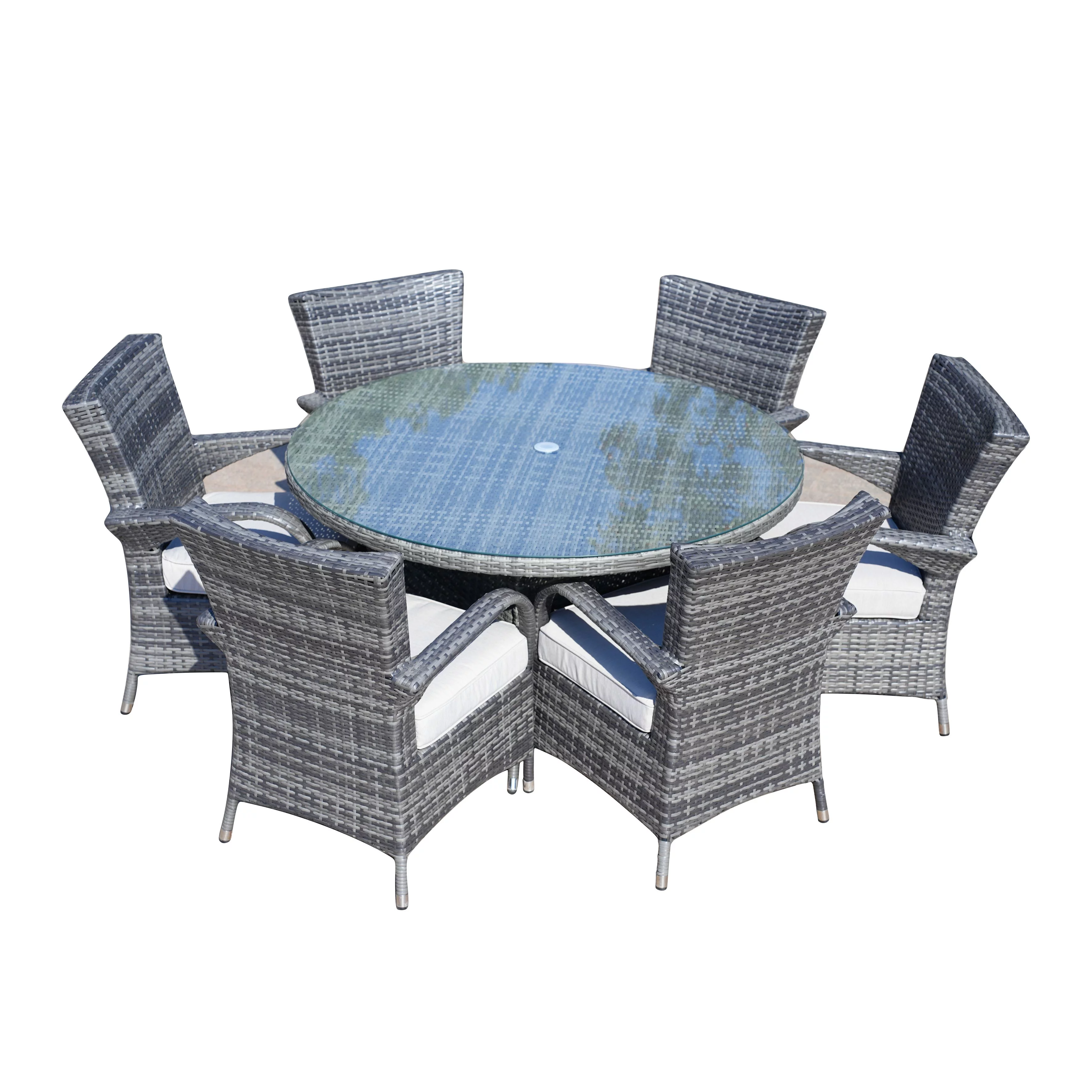 Direct Wicker 7 Piece Patio Dining Set with Rattan Chairs and Cushions, Grey