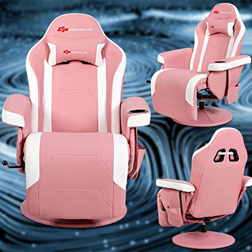 Goplus Massage Gaming Chair, Racing Style Gaming Recliner w/Adjustable Backrest and Footrest, Ergonomic High Back PU Leather Computer Office Chair Swivel Game Chair w/Cup Holder and Side Pouch