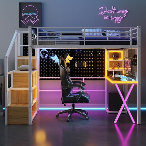 Modern Full Size Gaming Loft Bed with Built-in Desk and Storage Wardrobe, Wood Loft Bed Frame with Light Strip and 2 Drawers, Maximize Space Saving (Blue-7.10)