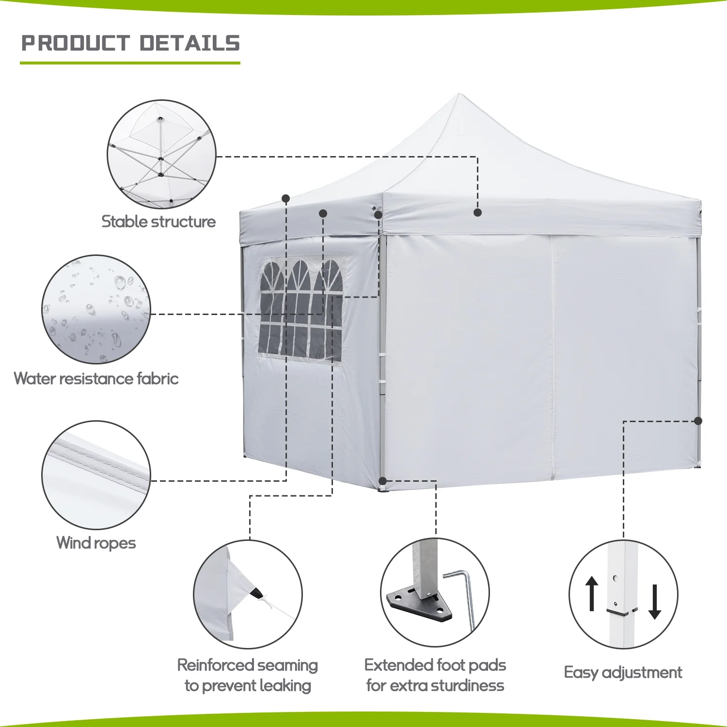 Outdoor Basic 10' x 10' Pop up Canopy Tent with 4 Side Panels Outside Canopy, Top Height 3 Height Settings and Side Height 3 Height Settings, One Push Tent Canopy Wheeled Carry Bag, White