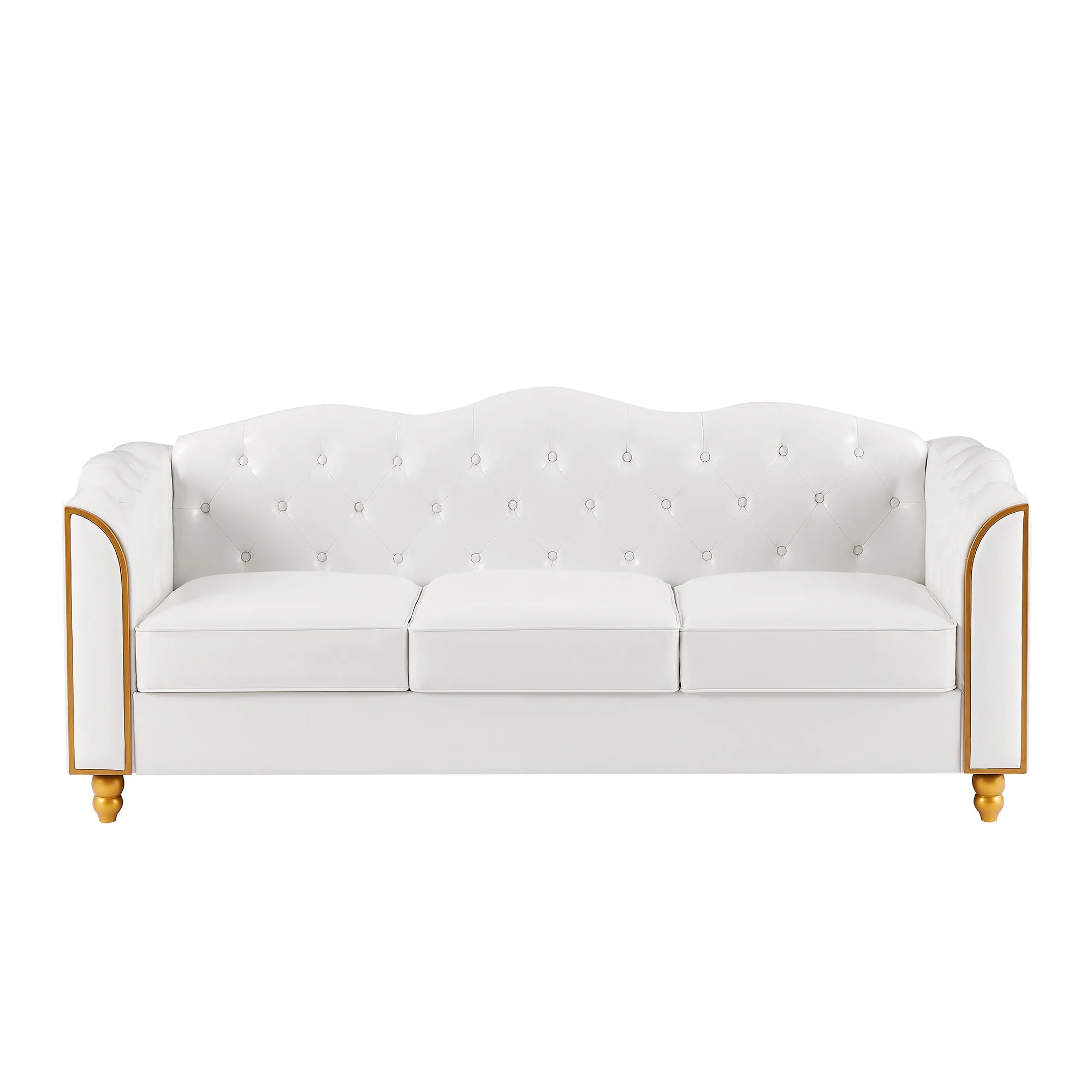 Homfa 3 Seater Sofa, 78.7'' Modern Large PU Button Upholstered Couch with Golden Wood Legs, White
