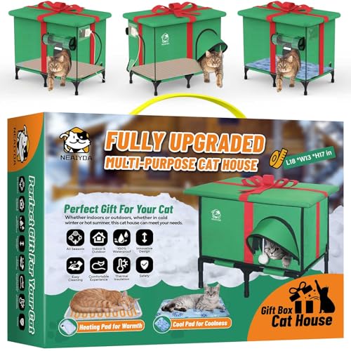 Outdoor Cat House, Weatherproof and Insulated Outside Cat Shelter with Heated Pad and Cooling Pad(4 Seasons Universal),Gift Box for Cats.(Medium)