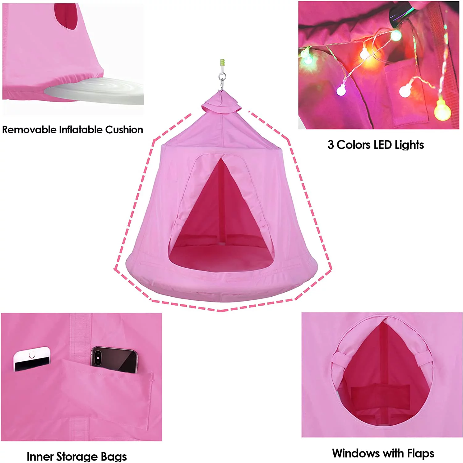 LAZY BUDDY Hammock Chair Set, Hanging Tree Tent w/ Steel Stand, Hammock X-Stand with Swing Tent, LED Lights, 330 lbs (Pink)