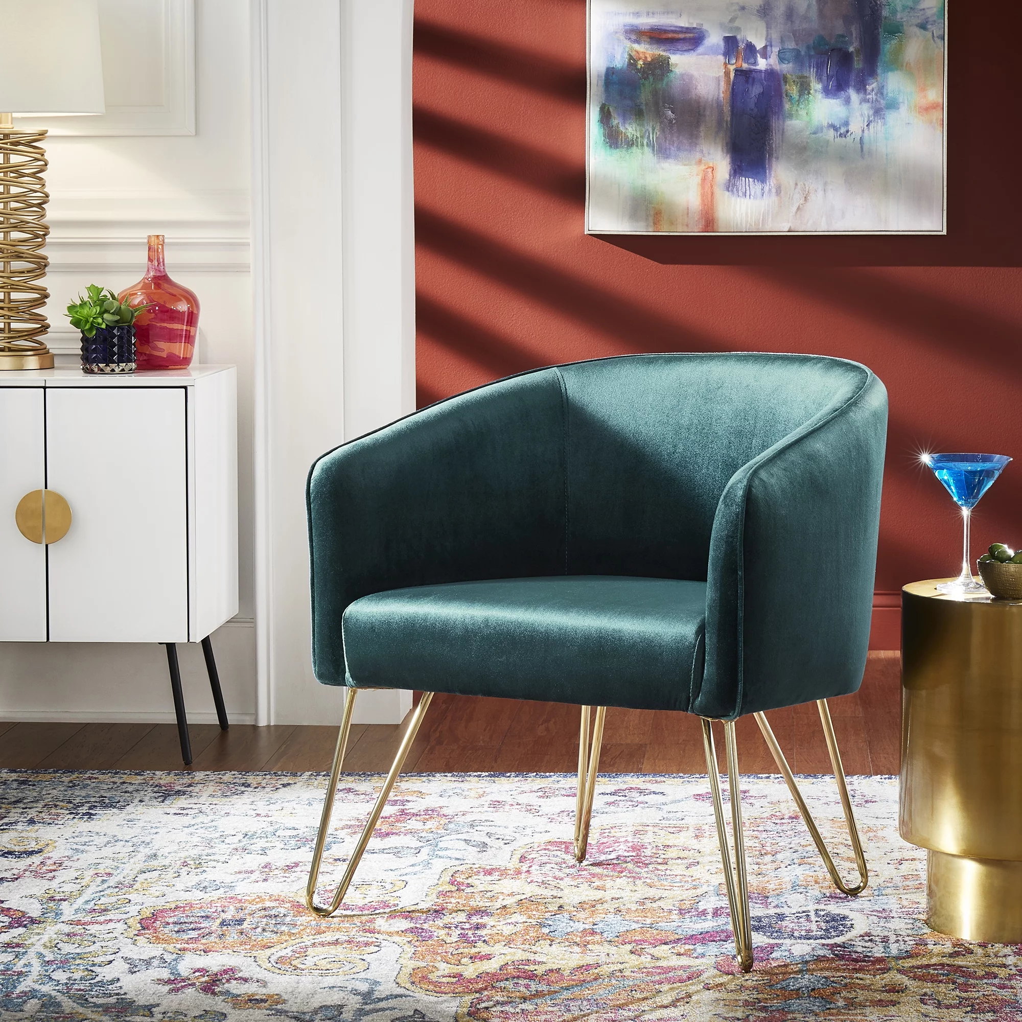 Ember Interiors Joan Gold Finish Velvet Accent Chair, Dark Green
