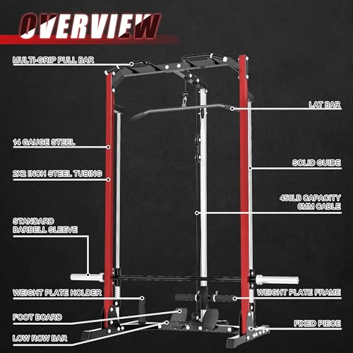 Compact Smith Machine Home Gym - 800lb Barbell Sleeve, Space-Saving Power Cage with LAT Pulldown, Power Rack 5-in-1, 1500lb Capacity for Garage & Small Spaces, P70